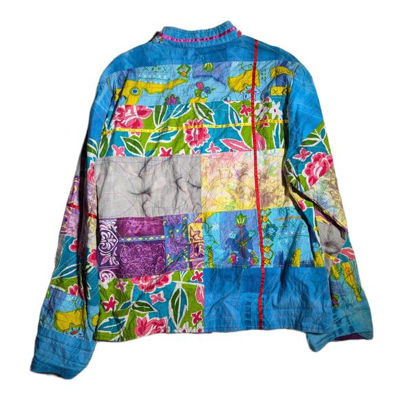 Vtg 1990s New Direction Blue Purple Patchwork Floral Mandarin Collar Jacket Sz L - Picture 2 of 3